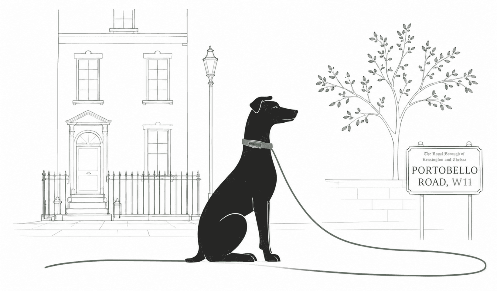A dog sitting on Portobello Road, W11, beside a Notting Hill townhouse with its lead trailing along the pavement
